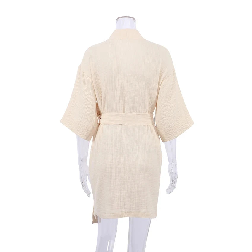 Solid Cotton Bathrobe Female Robes Women Sexy Mini Dresses Three Quarter Sleeves Dressing Gown Dress Nightgown Home Dress