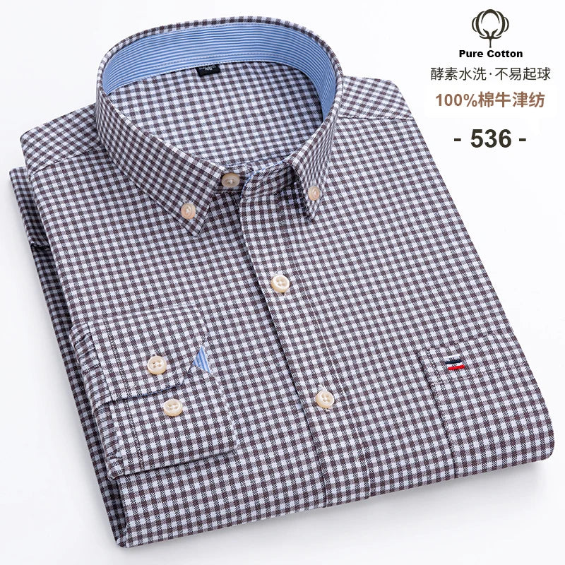 Men's Casual 100% Cotton Oxford Striped  Pocket Long Sleeve Soft Buttoned Plaid Formal Male Clothes Oversized Shirt Plus Size