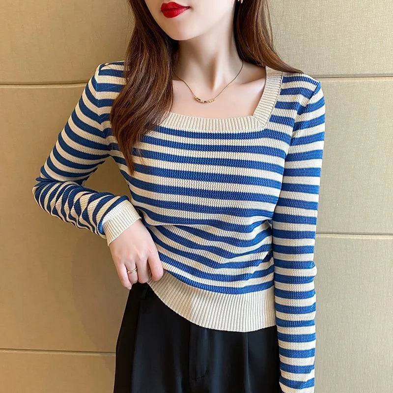 Female 2022 Autumn Stripe Slim Square Sollar T-shirt Korean Casual Fashion New Wild Office Lady Comfortable Long Sleeve Sweater