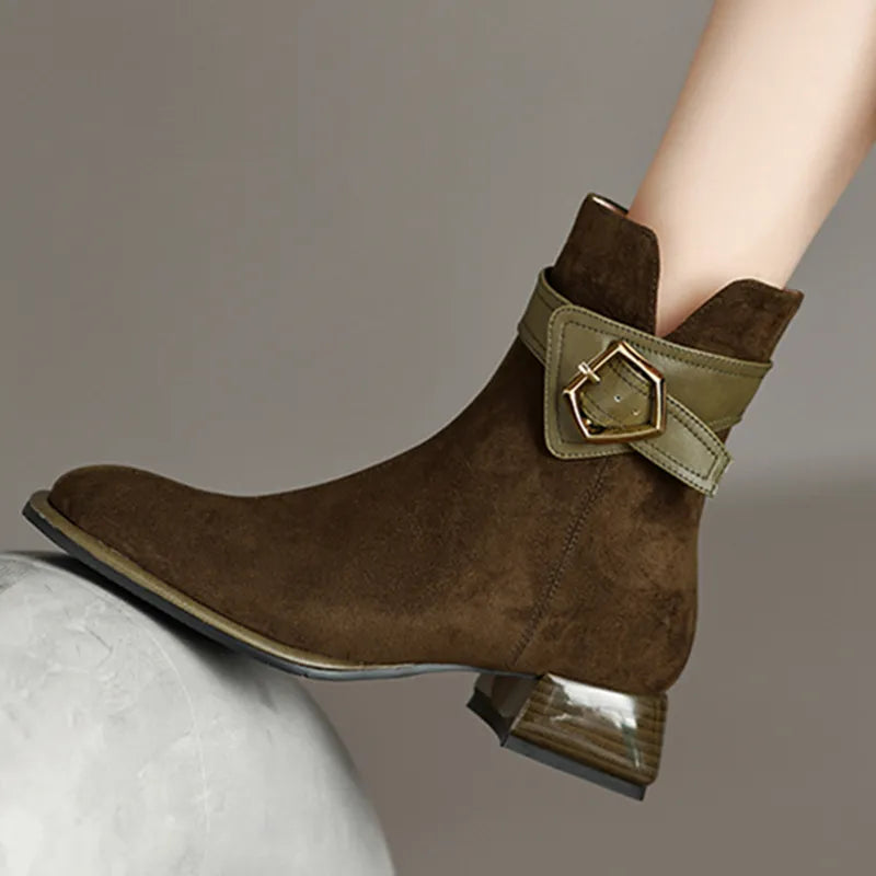 British Style Low Heels Ankle Boots Women 2023 Autumn Suede Faux Square Toe Short Boots Woman Thick Heeled Cowgirl Botas Shoes