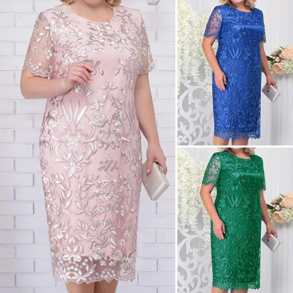 Summer Midi Loose Dresses Wedding Guest Women's Short Sleeve Lace Mesh Floral Elegant Sexy Bodycon Formal Evening Party Dresses