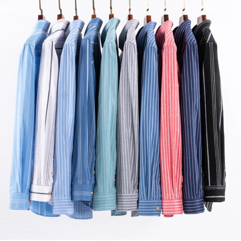 Fashion Men's Long Sleeve Casual 100% Cotton Striped Oxford Shirt with Embroidered Chest Pocket Standard-fit Button-down Shirts