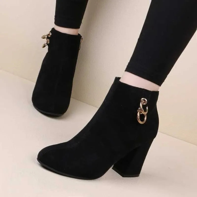 Retro Plush Warm Autumn Winter Women's Boot Vintage Block Heel Ankle Boots Zipper High Heels Women Shoes Big Sizes Botines Mujer