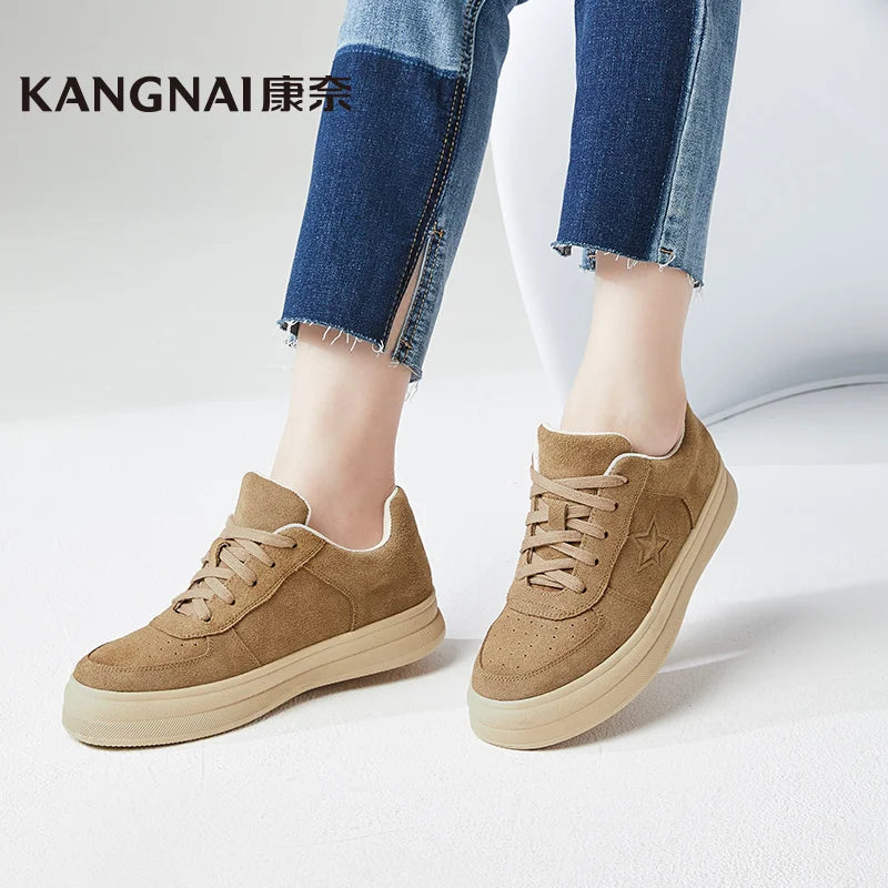 Kangnai Women Casual Shoes Cow Suede Flats Star Pattern Lace-Up Solid Color Sneakers Female Shoes