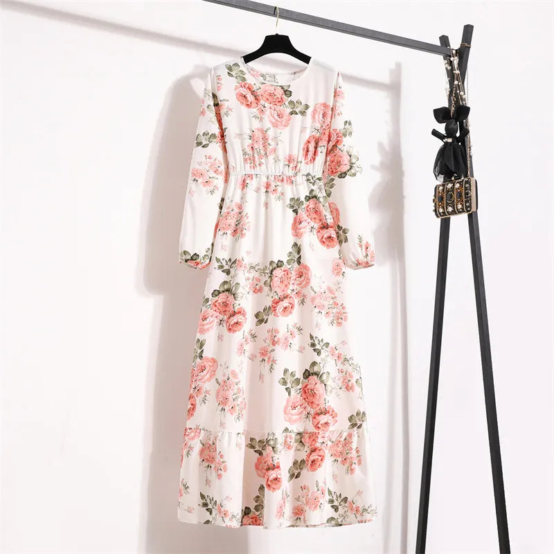 Elegant Floral Boho Dress Female High Waist Bohemian Maxi Dresses For Women 2022 Chic Korean Long Sleeve Beach Outfits Robe