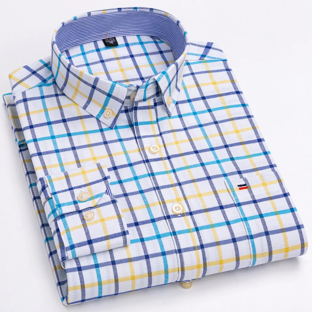 Men's 100% Cotton Long Sleeve Plaid Checkered Shirts Single Patch Pocket Standard-fit Button-down Striped Casual Oxford Shirt