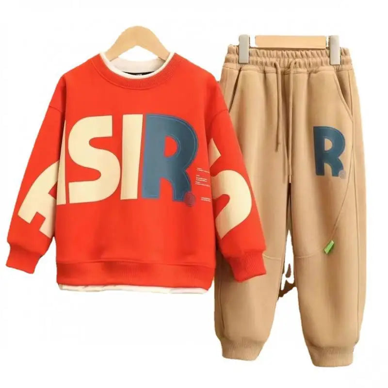 Korea Style Autumn Casual Kids Clothes Boy Set Teenage Letter Print Pullover Sweatshirt Top and Jogger Pants Suit Kids Tracksuit