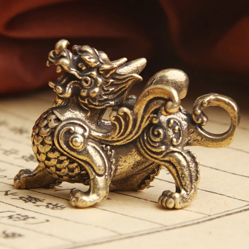 1pc Chinese Style Brass Qilin Dragon Statue Figurine for Wealth Prosperity Luck Fengshui Vintage Ornaments for Home Decoration