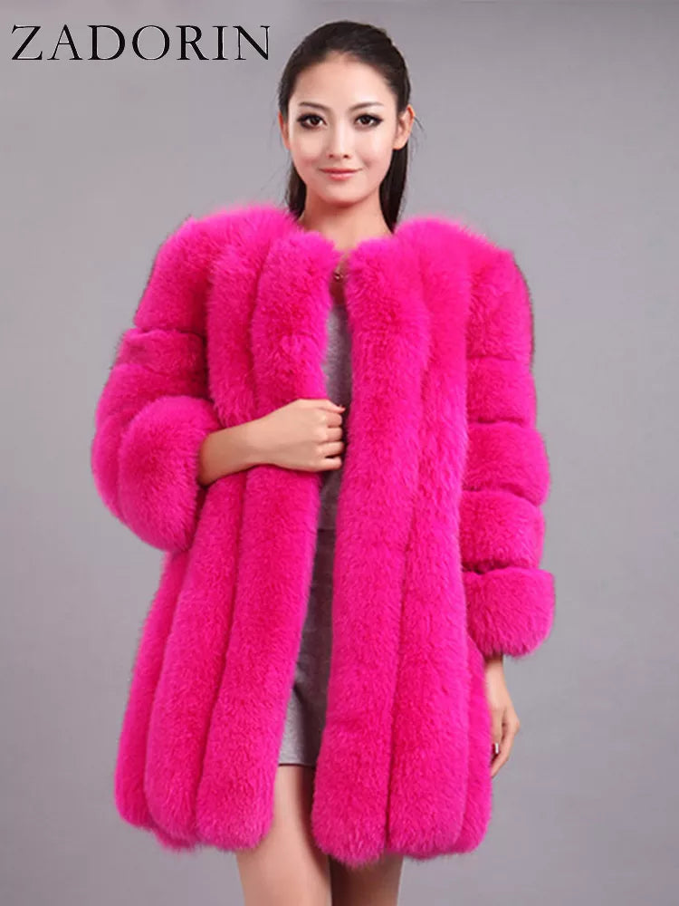 ZADORIN S-4XL Winter Luxury Faux Fox Fur Coat Slim Long Pink Red Blue Faux Fur Jacket Women Fake Fur Coats Manteau Fourrure