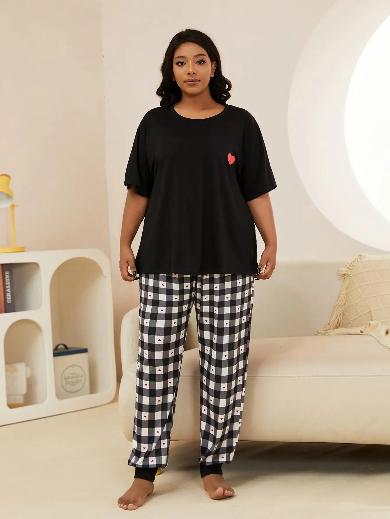 Plus Size Women's Pajamas Set Scew Neck Plaid Love Print Summer Short Sleeves Sleepwear Drawstring Long Btoom Nightwear Clothes