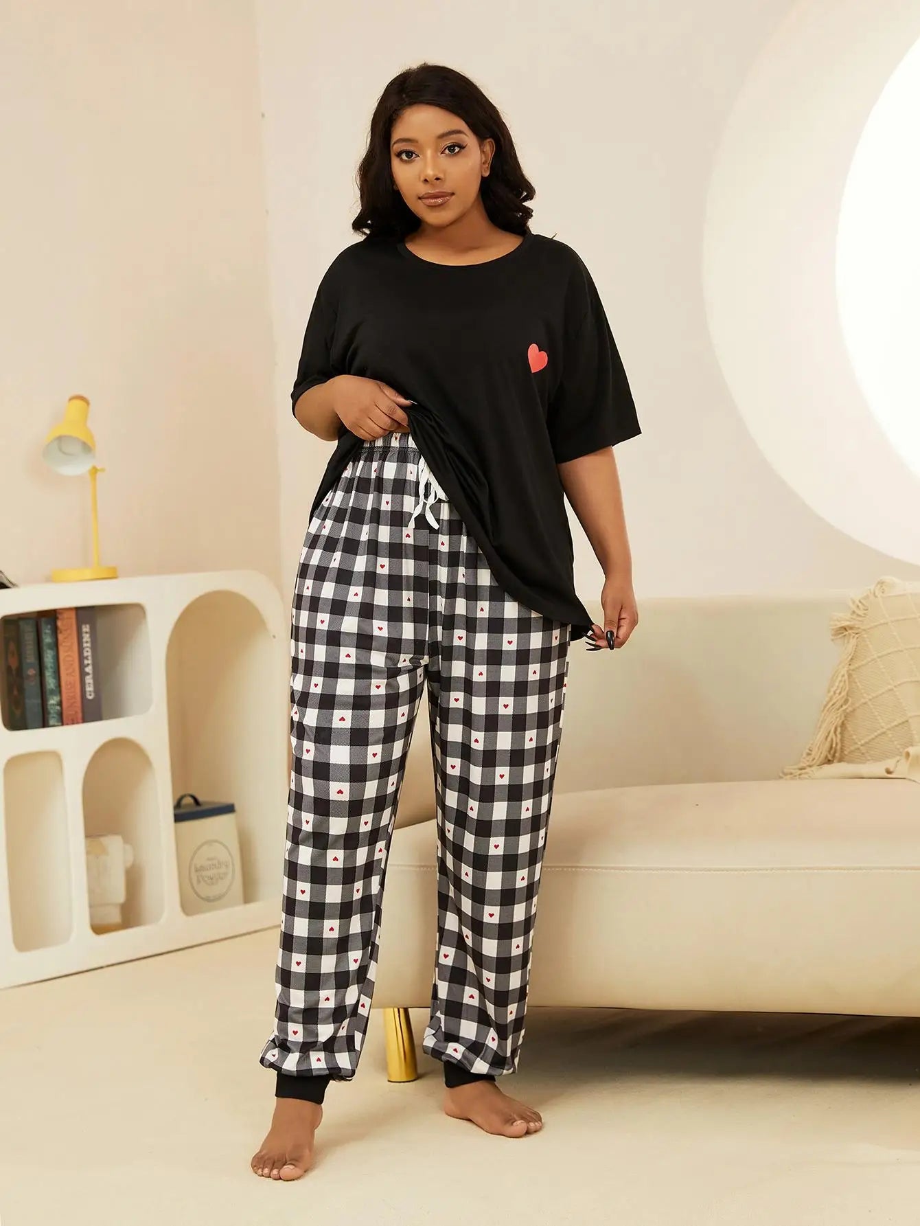 Plus Size Women's Pajamas Set Scew Neck Plaid Love Print Summer Short Sleeves Sleepwear Drawstring Long Btoom Nightwear Clothes