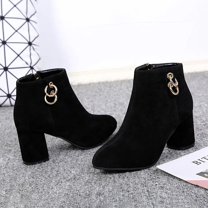 Retro Plush Warm Autumn Winter Women's Boot Vintage Block Heel Ankle Boots Zipper High Heels Women Shoes Big Sizes Botines Mujer