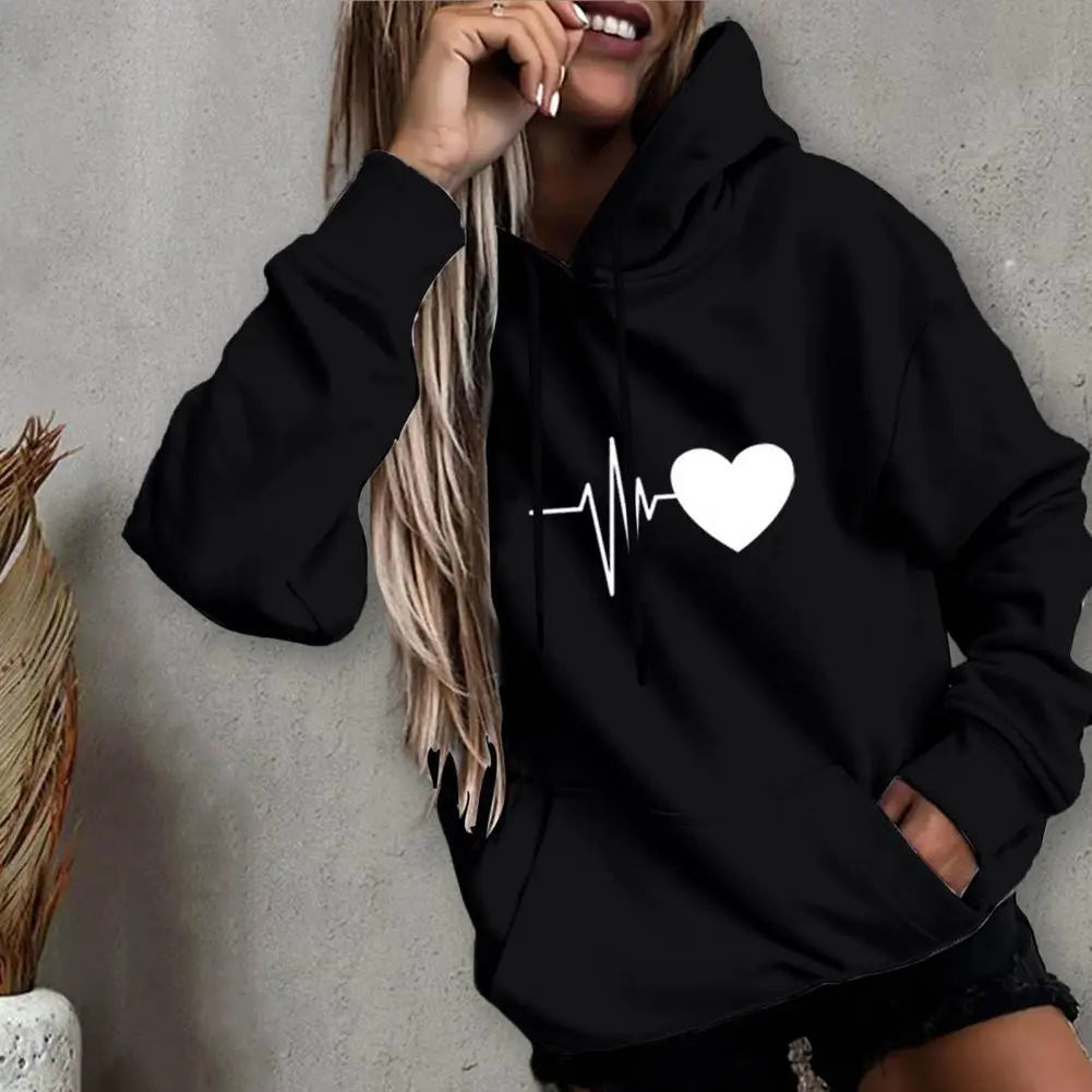 Dropshipping!! New Arrival Women Hoodie Drawstring Warm Pullover Heart Print Spring Hoodie