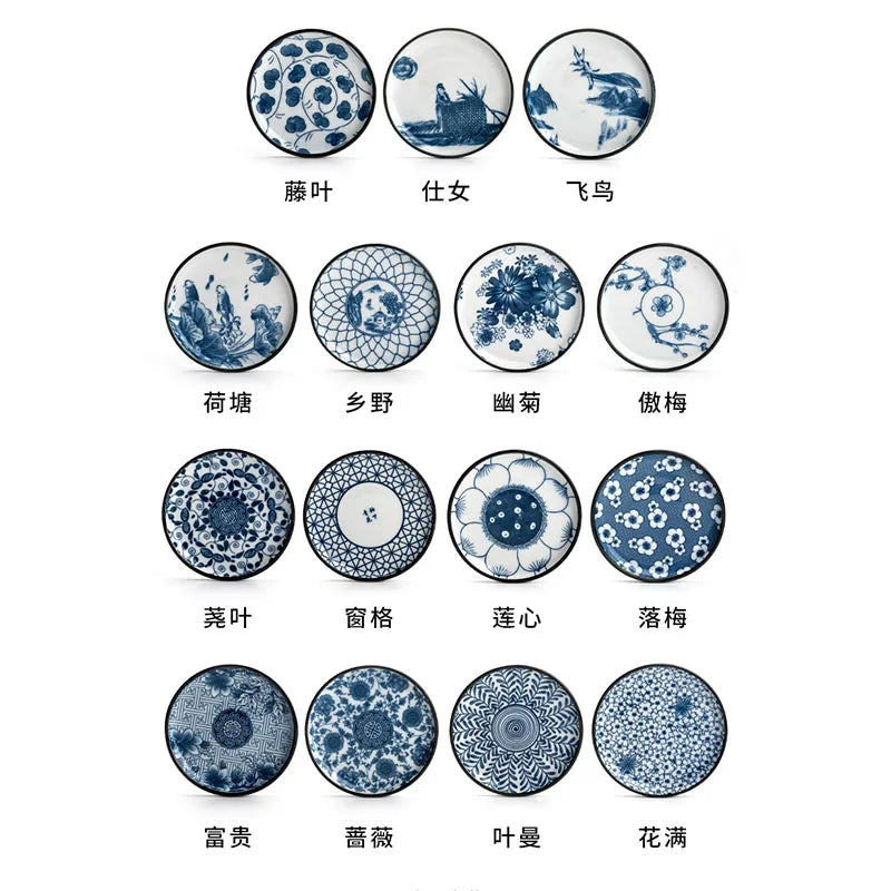 Retro Blue and White Porcelain Dinner Plate Round Fruit Plate Ceramic Cooking Dish Flower Pattern Dessert Dish Kitchen Utensils