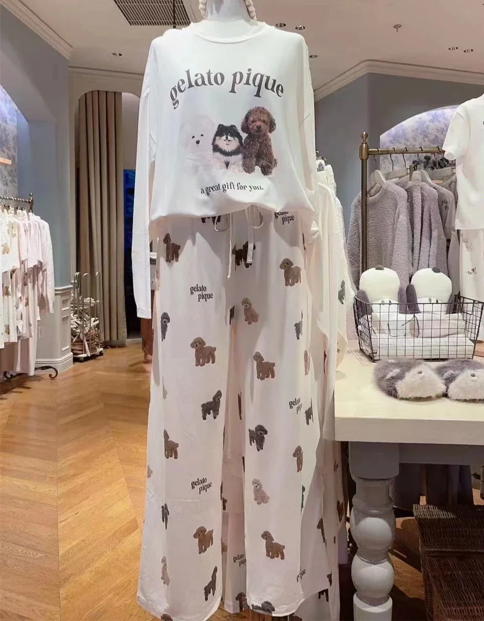 Pajamas Room Wear Ladies Autumn Women's Pajamas Set Puppy Long Sleeves Trousers 40-65kg Wear