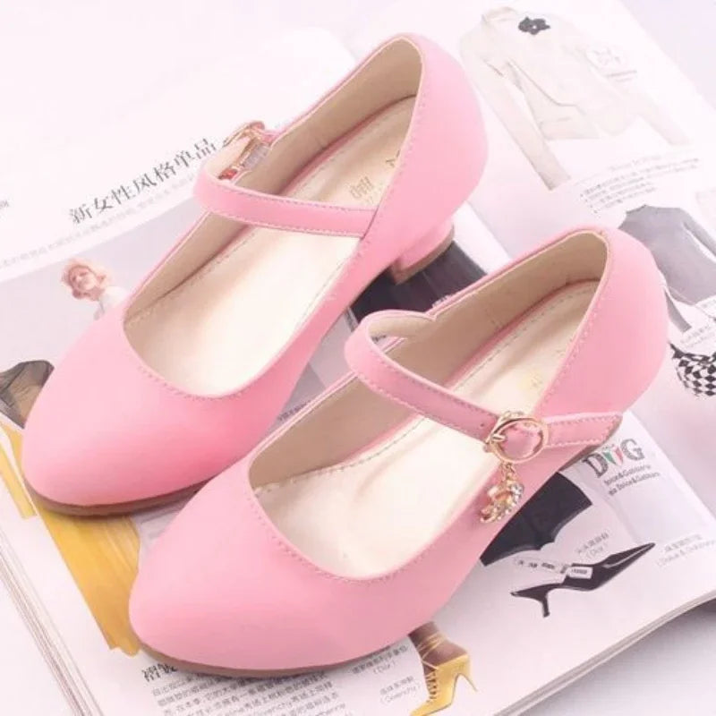 White Pink Children Party Leather Shoes Girls Elegant Fashion Kids High Heels for Princess Single Shoes Student Show Dance Shoes