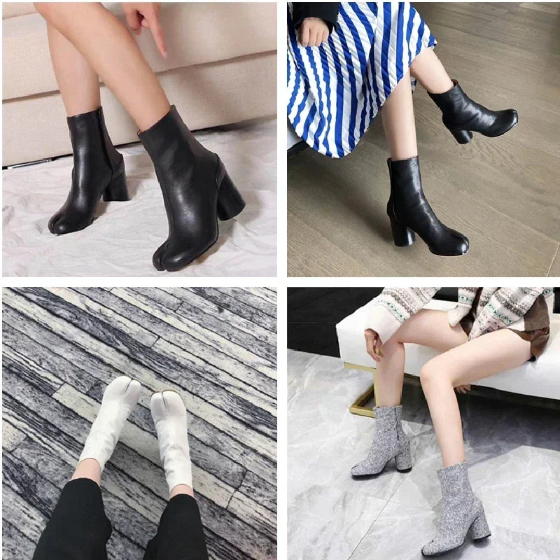 Women Split Toe Ninja Tabi Ankle Leather Boots Luxury Brand Design Round Heels Woman Shoes Lady 7.5cm / 3.5cm Heel Boot