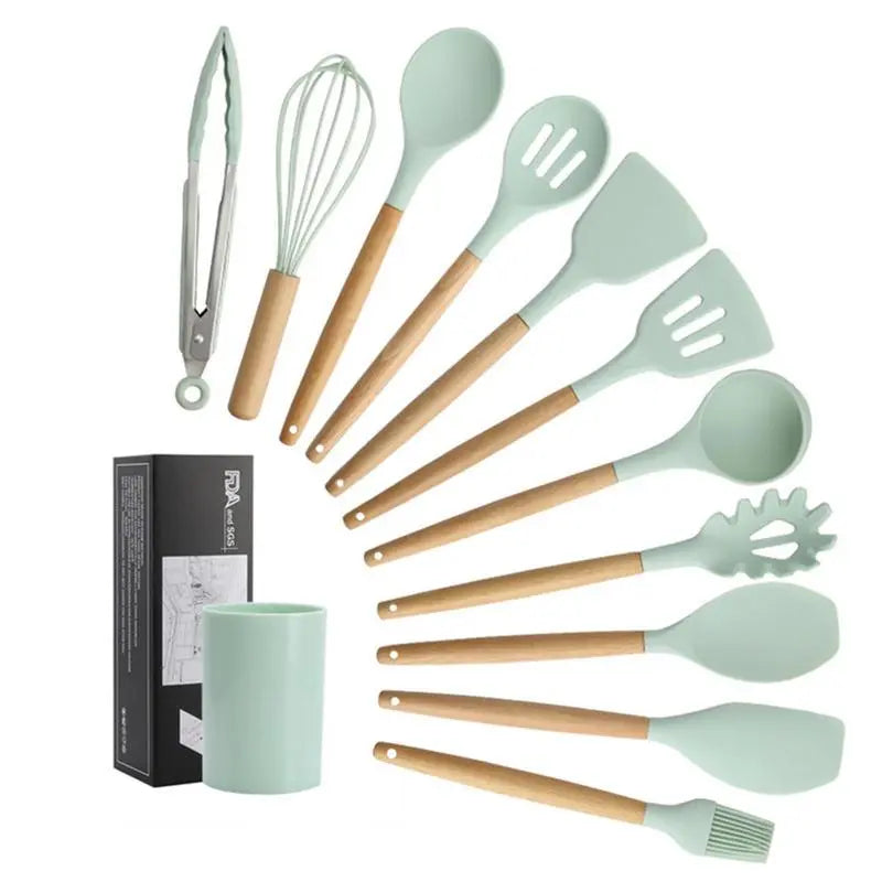 Silicone Kitchen Utensils Set Non-Stick Cookware For Kitchen Wooden Handle Spatula Egg Beaters Kitchenware Kitchen Accessories