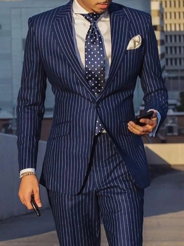 Blue/Black Striped 2 Piece Men Suits Wedding Party Business Tuxedos Fashion Groom Formal Wear Slim Fit Jacket+Pant Costume Homme