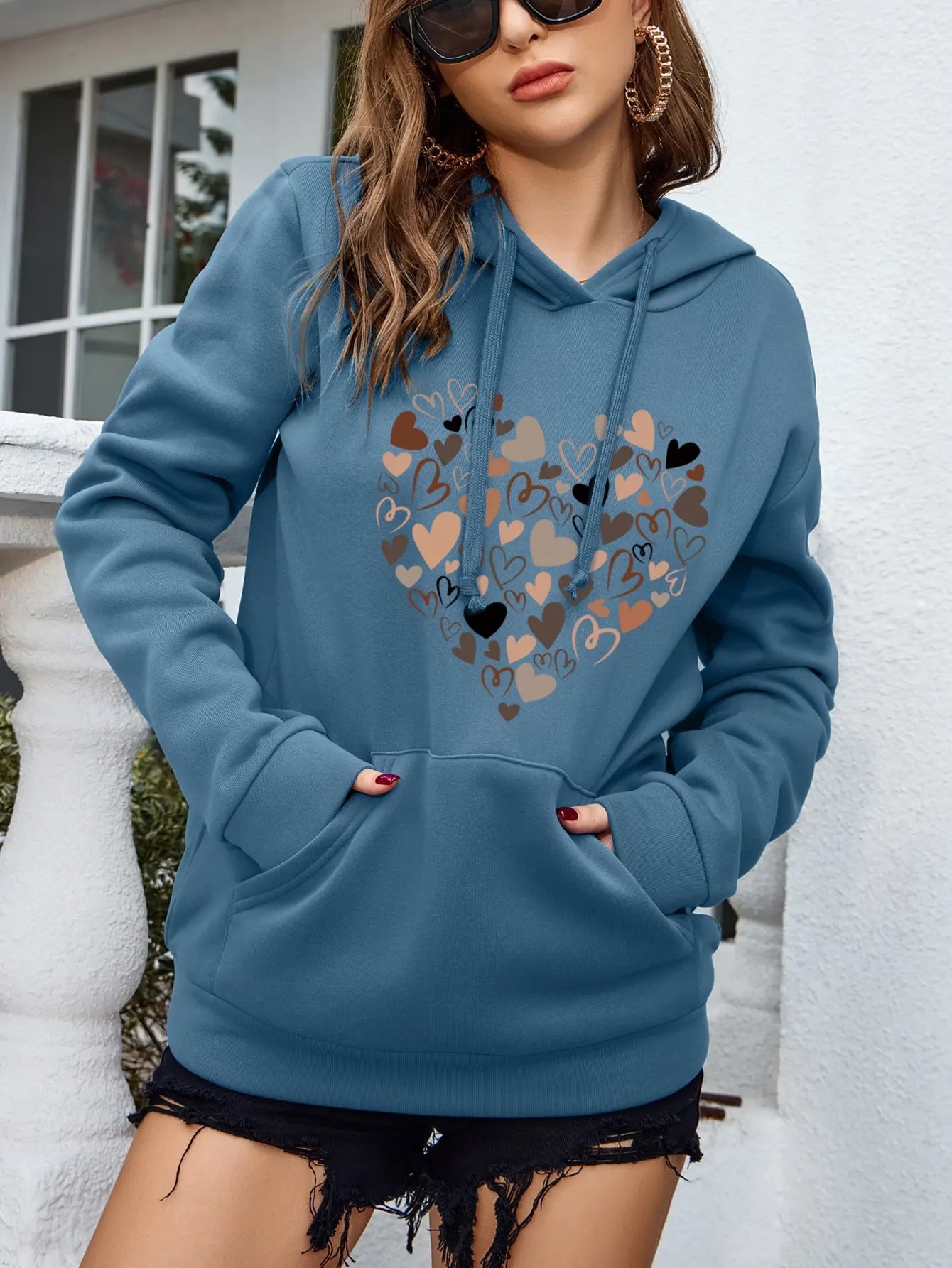 Retro Love Heart Pattern Hoodie For Womens Creative Hip Hop Clothes Pocket All-Match Sportswear Female Fashion Street Hoody