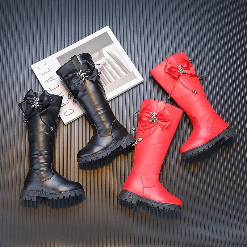 New Girl Canister Boots With Velvet High Help Bowknot Warm Shoeschildren's High Boots Parent-child 2023 Kid's Red Black Boats