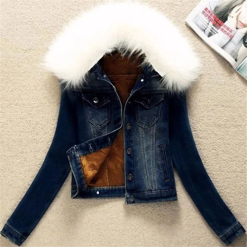 2023 Autumn Winter Fleece Denim Jacket Women Big Fur Collar Short Coat Thicken Velvet Liner Warm Tops Lady Jean Coat Outerwear