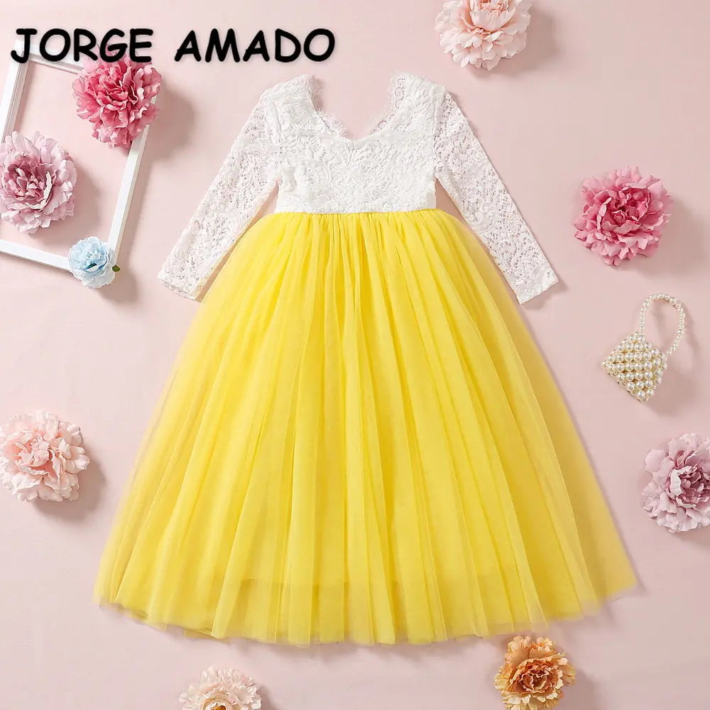 Princess Dress for Girls Ankle Length Wedding Party Dress Eyelash Back White Lace Beach Dress Children Clothing E15177