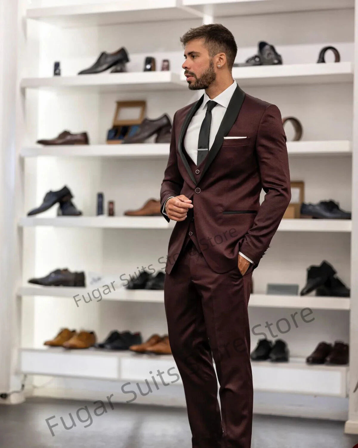 Wine Red Wedding Men Suits Slim Fit Black Shawl Lapel Groom Tuxedos Formal Party 3Pieces Sets Business Male Blazer Costume Homme