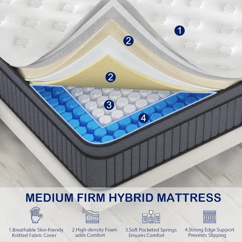 EEN EEN SLEEP Queen Mattress, 12 Inch Hybrid Mattress in a Box, Queen Size Mattress Foam and Individually Wrapped Pocket