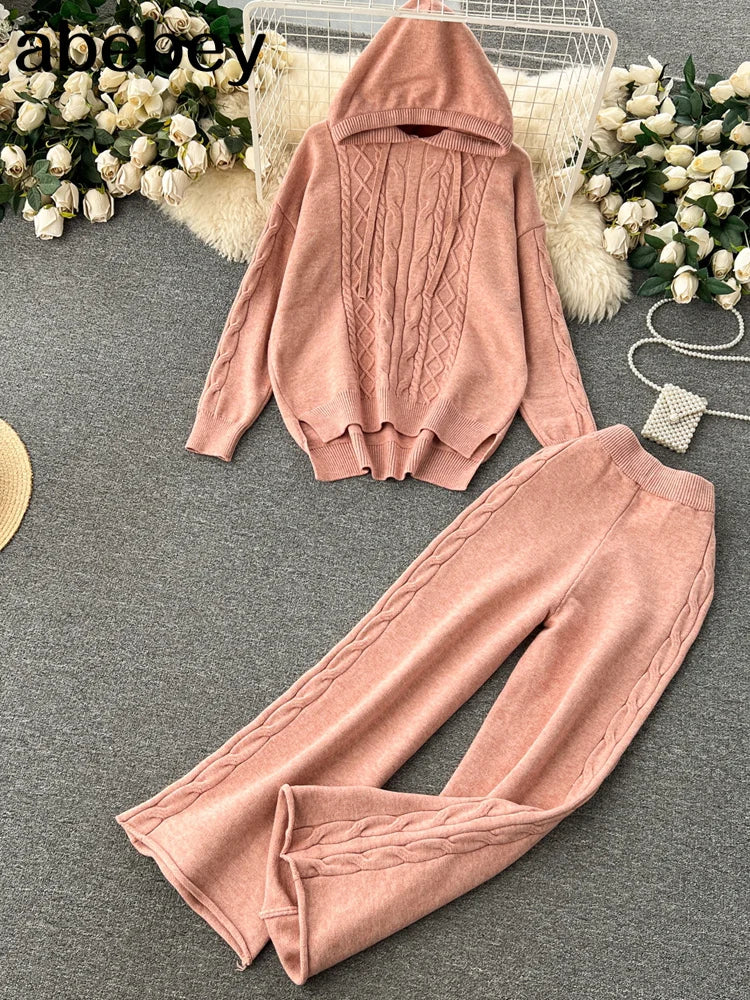 Two Piece With Hat Autumn Women Sweater Tracksuit Fashion loose Sweater+Pant Female Knit Warm Set Wide Leg Pants Suits Trousers