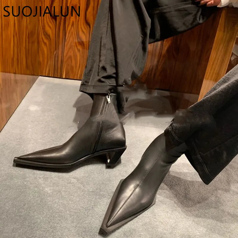 SUOJIALUN 2022 Autumn Women Ankle Boots Fashion Pointed Toe Square Toe Low Heel Ladies Elegant Chelsea Boots Short Boots