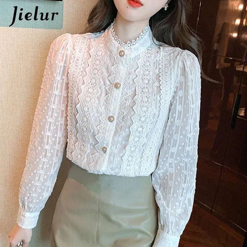 Jielur Autumn Women White Lace Blouse Shirt Women Tops Long Sleeve Blouse Women Blusas Mujer De Moda 2022 Blouses Femme Shirts