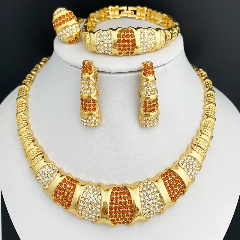 Latest Dubai Gold Color Jewelry Sets Luxury 18K Gold Plated Women Necklaces Earrings Ring Bracelet Wedding Party Accessories