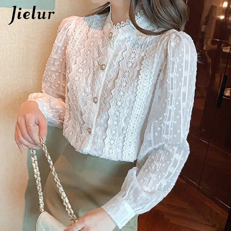 Jielur Autumn Women White Lace Blouse Shirt Women Tops Long Sleeve Blouse Women Blusas Mujer De Moda 2022 Blouses Femme Shirts