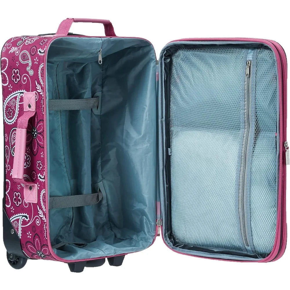 2-Piece (14/19) Travel Bags With Wheels Free Shipping Fashion Softside Upright Luggage Set Pink Bandana Wheel Large Size Luggage