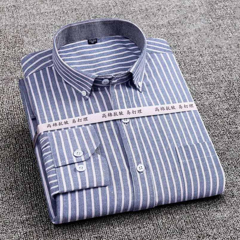 Mens Striped Plaid Oxford Spinning Casual Long Sleeve Shirt Comfortable Breathable Collar Button Design Slim Male Business Dress