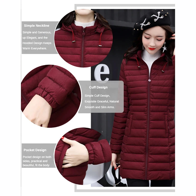 YISOLIFE Women's Lightweight Padded Jacket Mid-Length Winter Jackets with Pockets Quilted Coat with Removable Hood