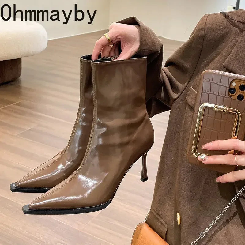 Autumn Winter Short Plush Women Ankle Boots Fashion Pointed Toe Ladies Elegant Chelsea Pumps Shoes Thin High Heel Short Boots