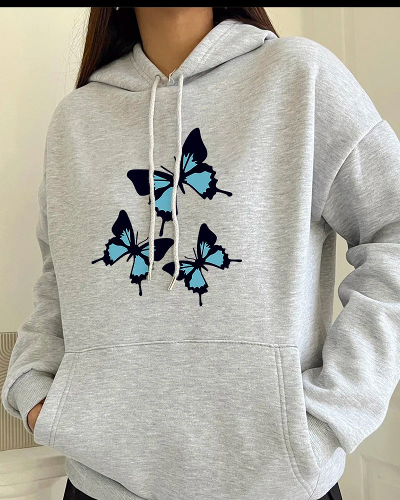 Hirsionsan Butterflies Graphic Print Hoodies Women Chic Long Sleeve Oversized Female Sweatshirt Streetwear Fleece Ladies Clothes