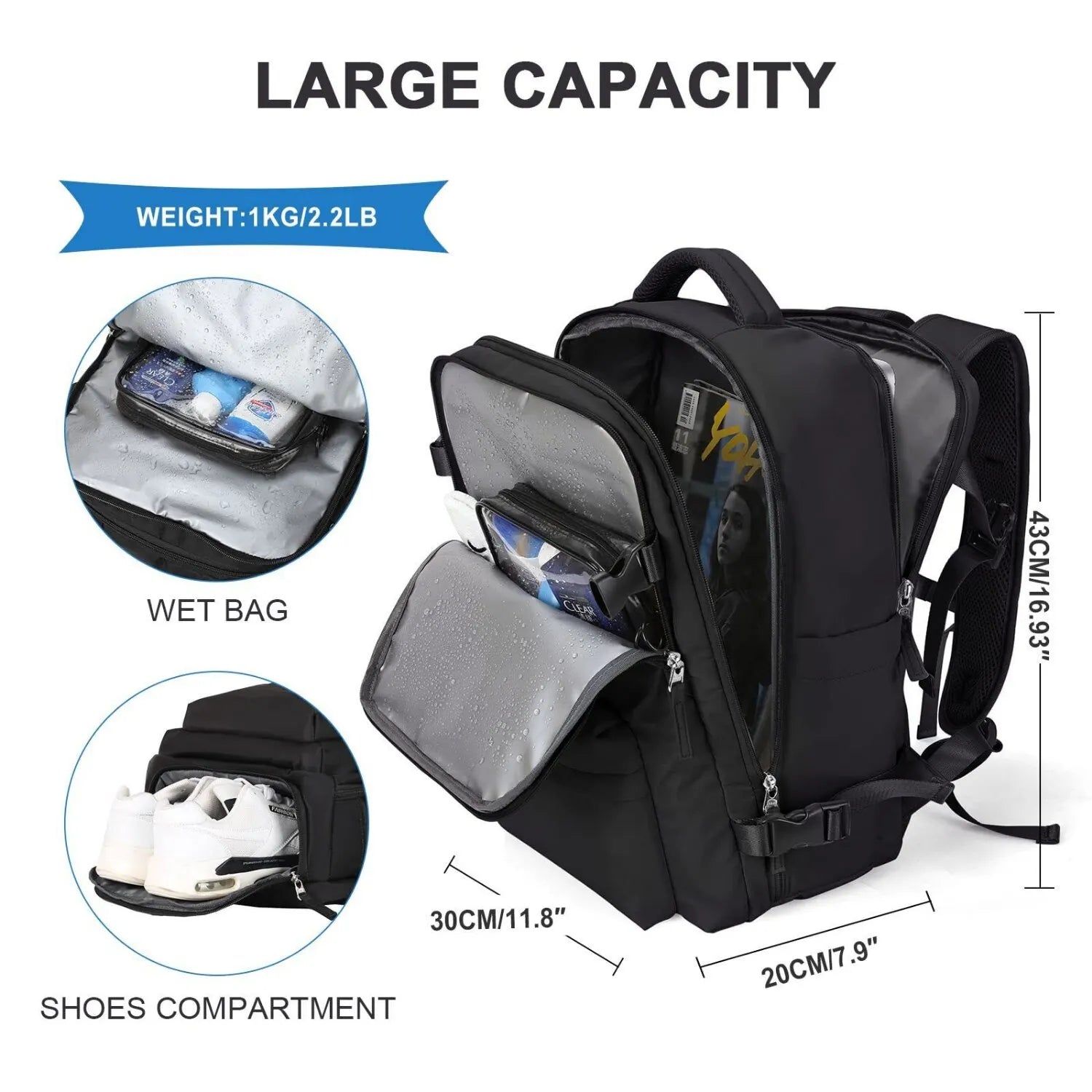 Men Travel Backpack Large Capacity 30L Carry on Backpack Waterproof 17'' Laptop Backpack with Shoes Pocket  Cabin Women Backpack