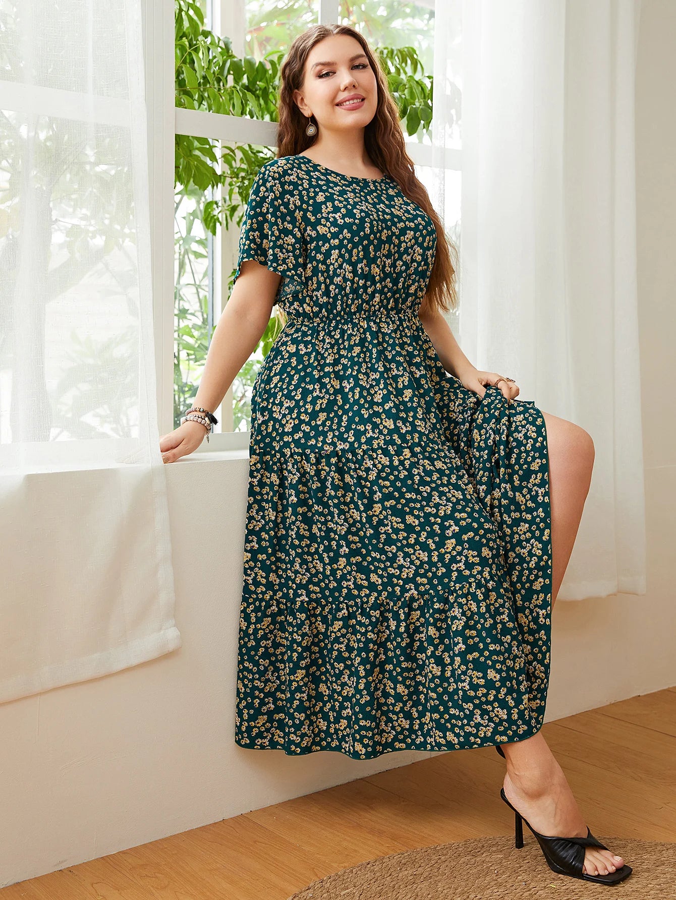 Fashion Big Size Women's Clothing Dress Summer O-Neck Floral Print Midi Dresses Urban Elegant Casual Ladies Plus Size Long Dress