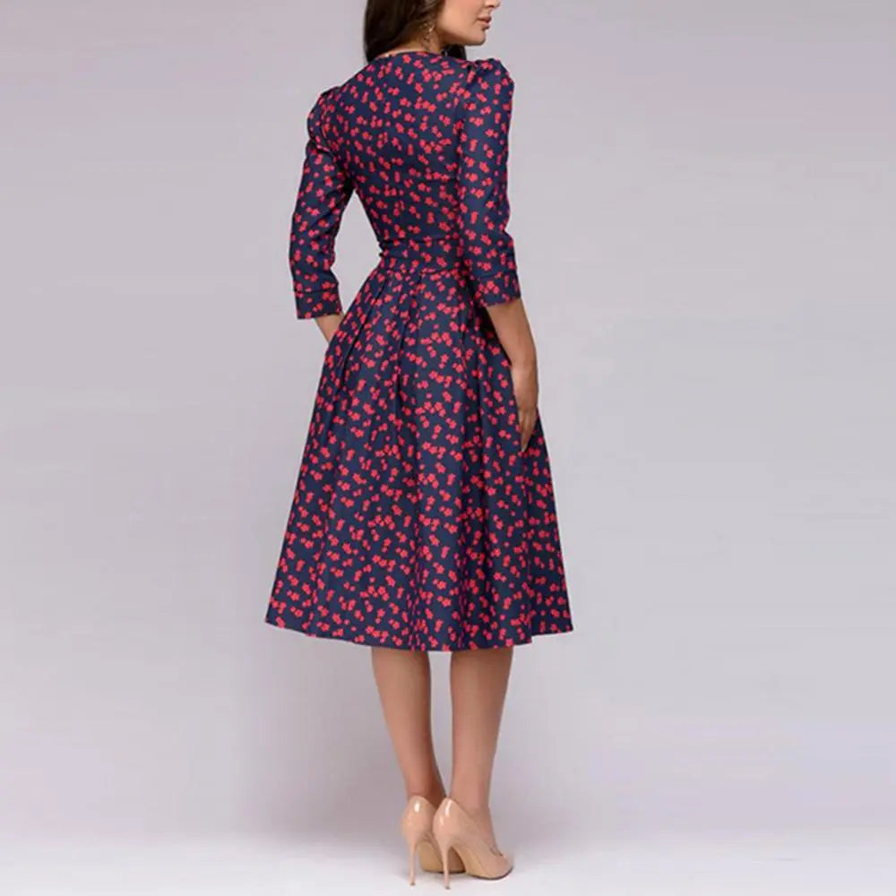 Women Elegant A-line Midi Dress Vintage Printing Party Vestidos Three Quarter Sleeve Women Spring Casual Dress