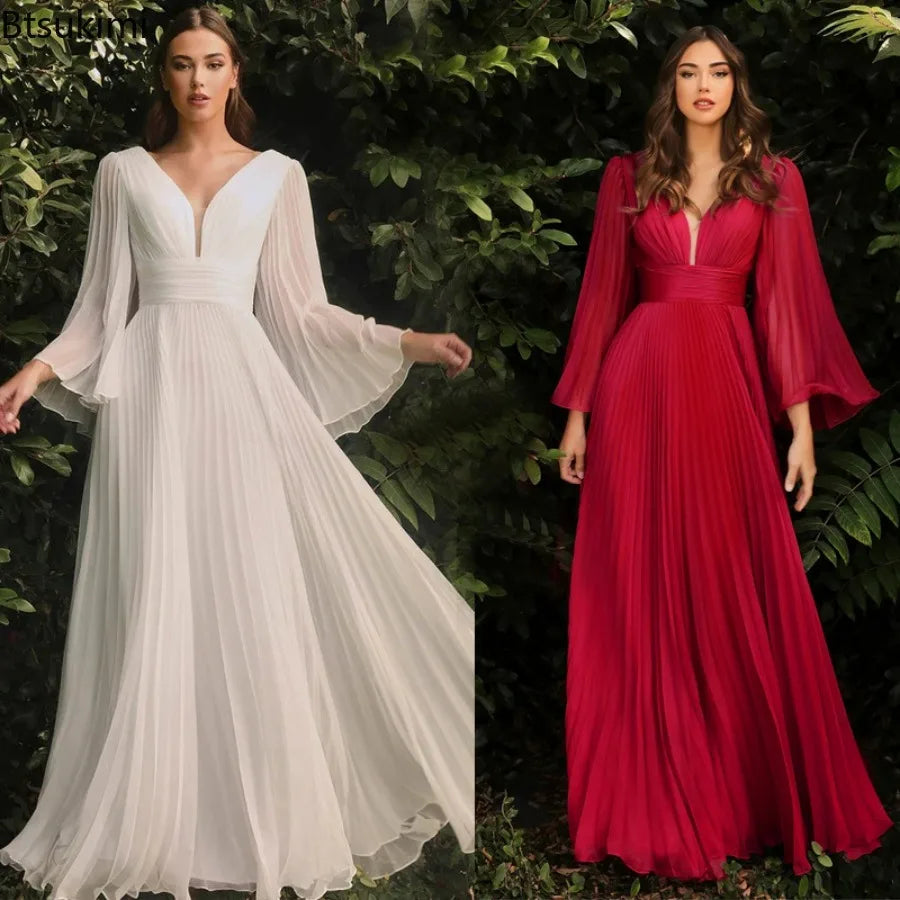 2023 Women's Elegant Evening Party Dress Long Sleeve Sexy Deep V Neck White Floor Length Dresses Female Wedding Gowns Prom Robes