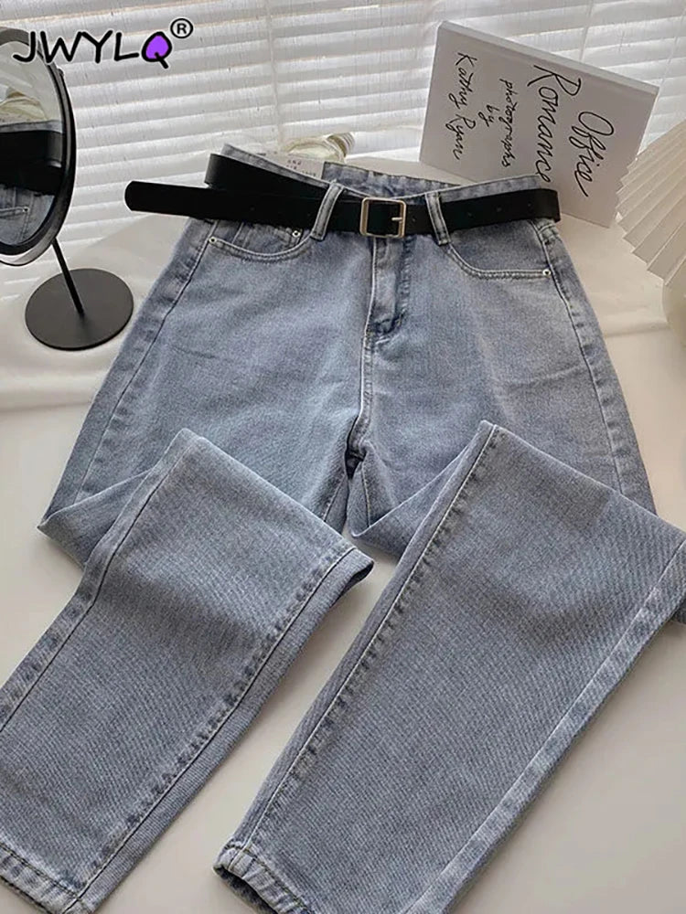 Simple Basic High Waist Straight Pants Woman Spring Autumn Loose Streetwear Women Pants Korean Casual Ankle-length Women Jeans