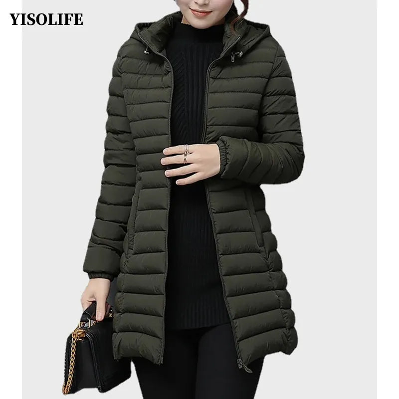 YISOLIFE Women's Lightweight Padded Jacket Mid-Length Winter Jackets with Pockets Quilted Coat with Removable Hood