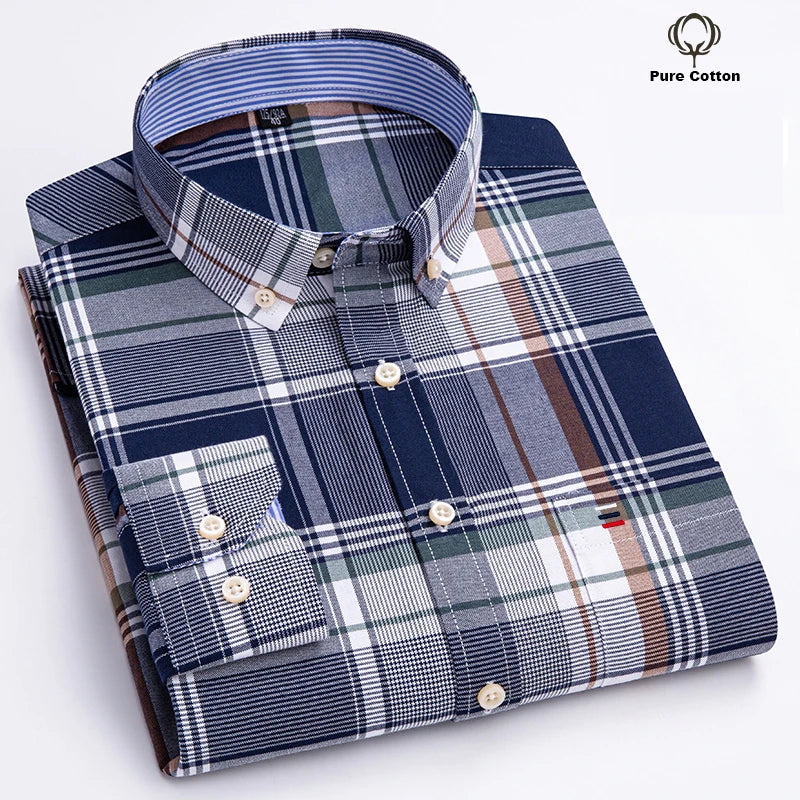 Men Oxford Fashion 100% Cotton  Long Sleeve Casual Slim Solid Color Plaid Print Stripe Formal Dress Shirt Plus Size