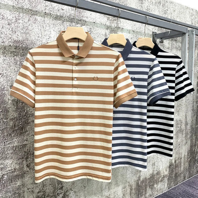 Summer Men Classic Stripe Embroidered Polo Shirt Trend Korean Simple Fashion Casual Lapel Short Sleeve Tees Versatile Slim Tops