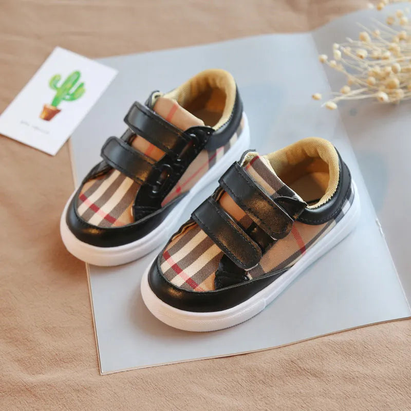 Toddler Boys Sneakers Fashion Plaid Canvas Shoe Lightweight Casual Shoes PU Patchwork Girls Skate Shoes Camp Style Kids Sneakers