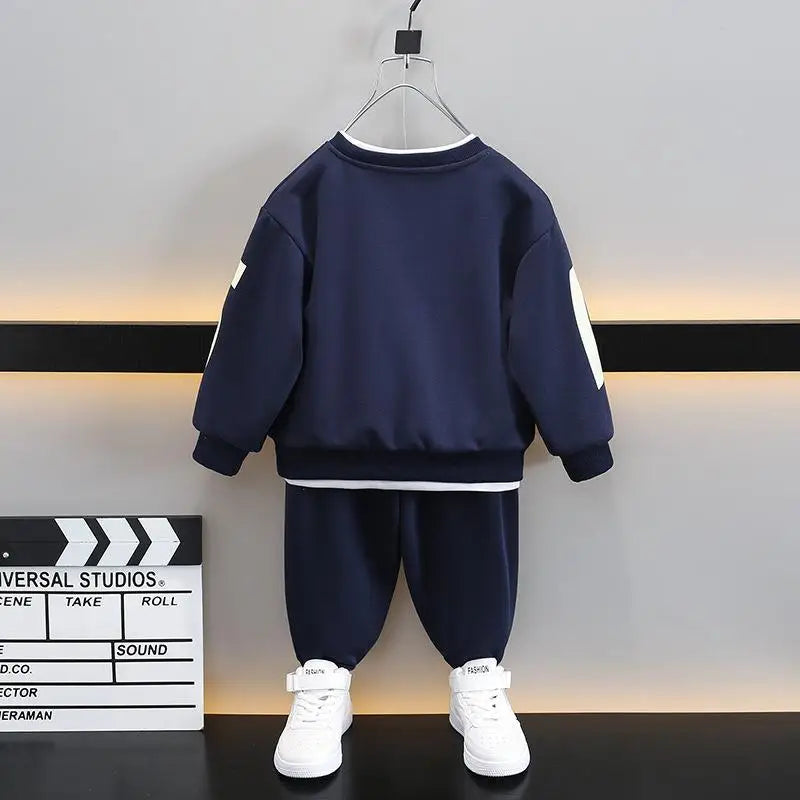 Korea Style Autumn Casual Kids Clothes Boy Set Teenage Letter Print Pullover Sweatshirt Top and Jogger Pants Suit Kids Tracksuit