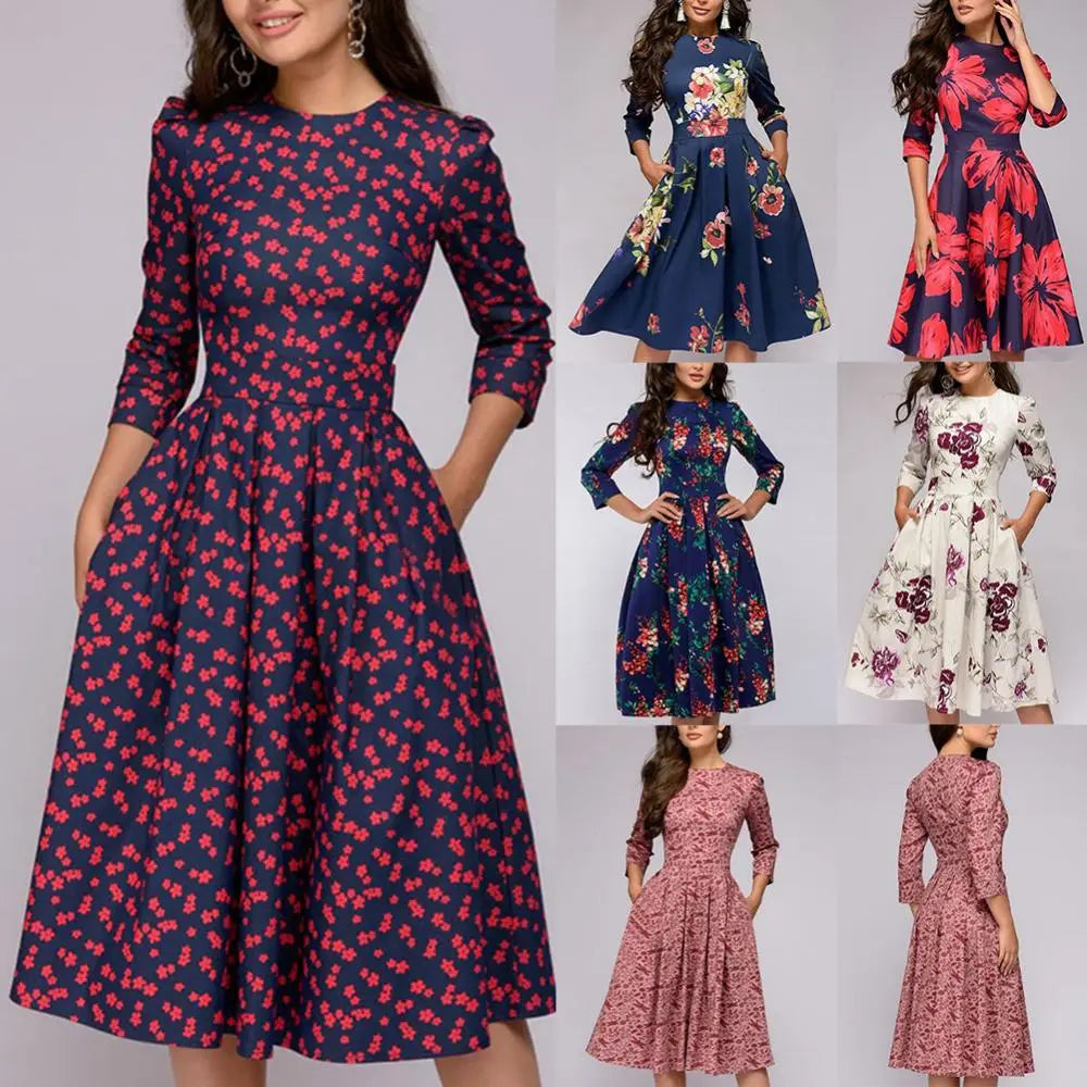 Women Elegant A-line Midi Dress Vintage Printing Party Vestidos Three Quarter Sleeve Women Spring Casual Dress